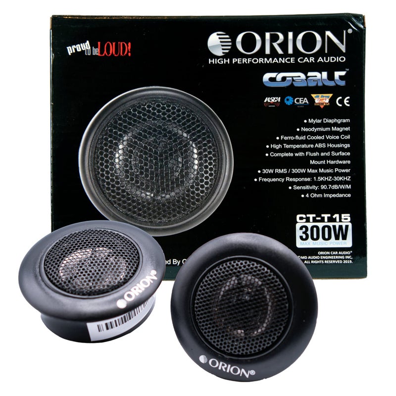 Orion سماعات تويتر أورين كوباالت CT-T15-1â€ نيوديميوم قبة حريرية | غشاء حريري، تركيب سطحي/مستوي، 30 واط RMS، 300 واط كحد أقصى، مع تقاطع مدمج - سماعات صوت السيارة (زوج)  - Image 1